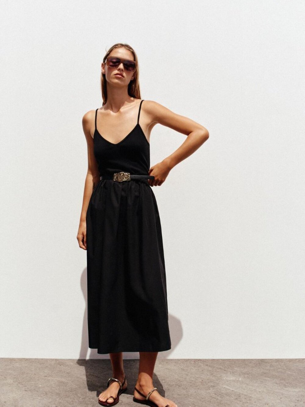Zara Black Belted Midi Dress Large V-Neck Spaghetti Strap Organic Cotton NWT